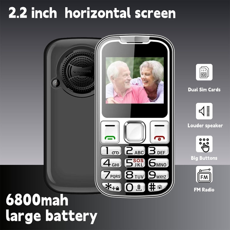 W26 Elder Keypad Phone, 2.2 inch, 6800mAh, 21 Keys, SOS, FM, Dual SIM, GSM, EU Plug, US Plug, UK Plug