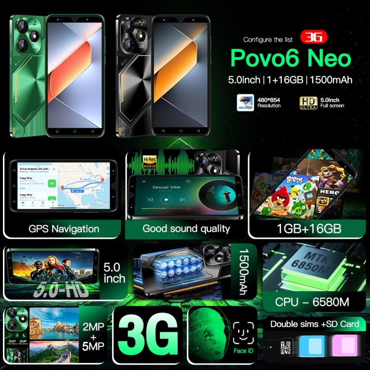Povo6 Neo / DP29, 1GB+16GB, Face Identification, 5.0 inch Android 8.1 MTK6580M Quad Core, Network: 3G, Dual SIM, EU Plug, US Plug, UK Plug, AU Plug
