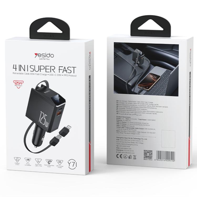 Yesido Y71 125W Type-C + 8 Pin Retractable Cable 3 in 1 Car Charger, Y71
