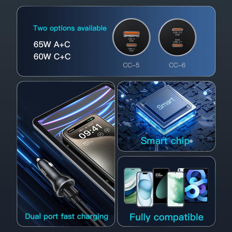 TOTU CC-5 65W USB-A and USB-C / Type-C Dual Ports Fast Charging Car Charger, CC-5