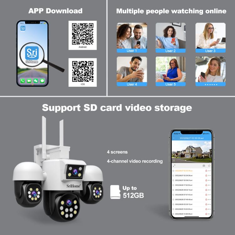 SriHome SH069 8MP 3X Digital Zoom HD Quad-lens Security Camera, US Plug, EU Plug, AU Plug, UK Plug