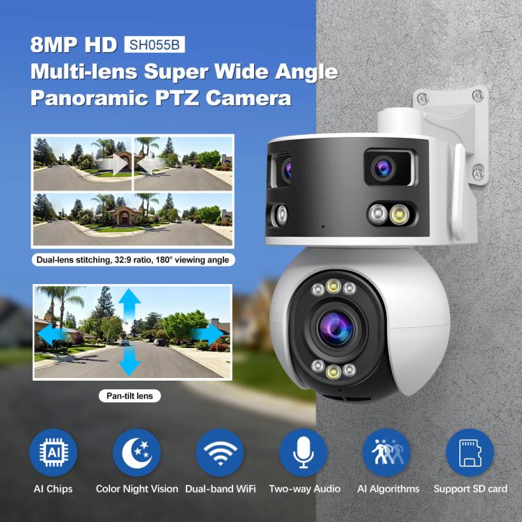 SriHome SH055B 8MP HD Multi-lens Super Wide Angle Panoramic PTZ Dome Camera, SH055B