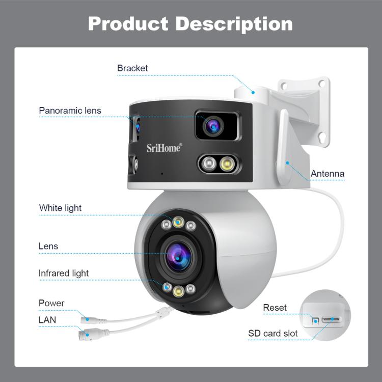 SriHome SH055B 8MP HD Multi-lens Super Wide Angle Panoramic PTZ Dome Camera, SH055B