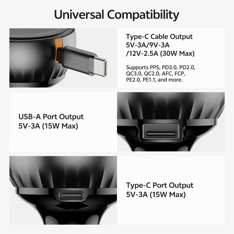 ROCK H30 45W USB-A Type-C Ports Car Charger with Retractable Type-C Cable, H30
