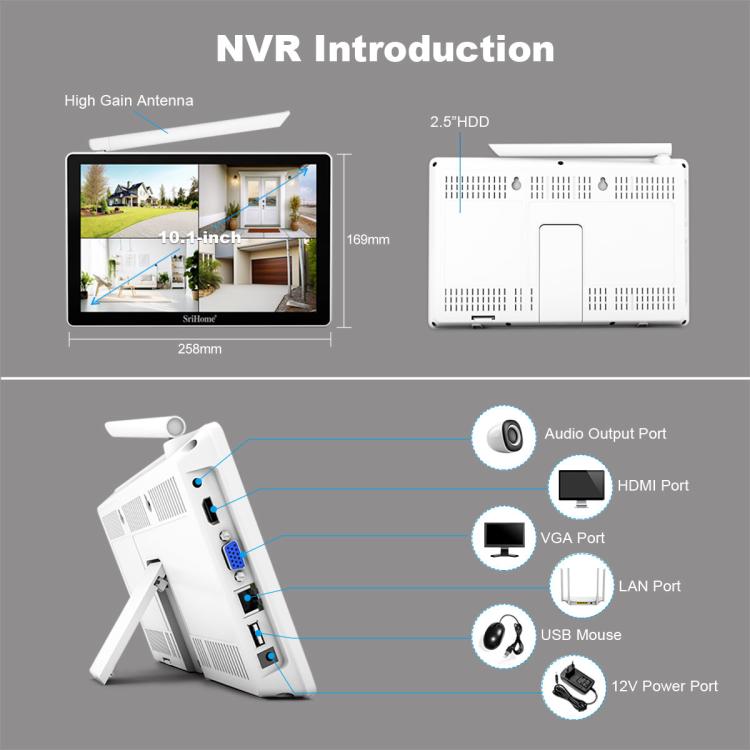 SriHome NVS010-IPC039 5MP 4 Channel 10.1 inch IPS Screen WiFi Network Video Recorder Set, NVS010-IPC039