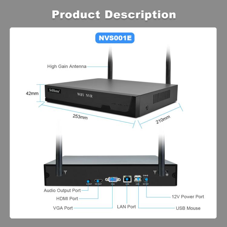 SriHome NVS001-IPC051 4MP 8CH HD NVR Wireless Security Camera System Kit, NVS001-IPC051