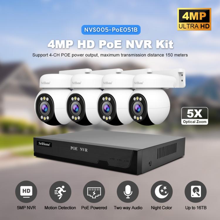 SriHome NVS005-PoE051 4MP 4CH HD PoE NVR Security Camera System Kit, NVS005-PoE051