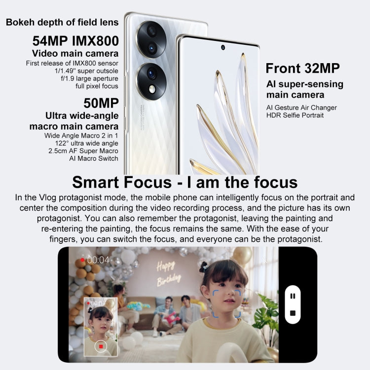 Triple Back Cameras, Screen Fingerprint Identification,  6.67 inch Magic UI 6.1 Qualcomm Snapdragon 778G Plus Octa Core up to 2.5GHz, Network: 5G, OTG, NFC, Not Support Google Play, Honor 70 5G 12GB+256GB, 12GB+256GB