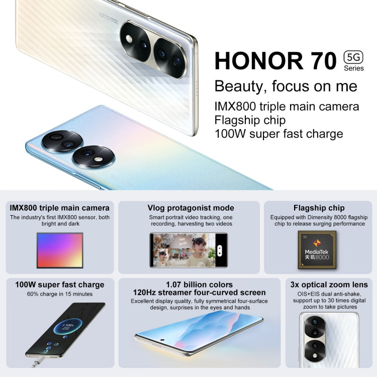 Triple Back Cameras, Screen Fingerprint Identification, 6.78 inch Magic UI 6.1 Dimensity 8000 Octa Core up to 2.75GHz, Network: 5G, OTG, NFC, Not Support Google Play, Honor 70 Pro 5G 8GB+256GB, Honor 70 Pro 8GB+256GB