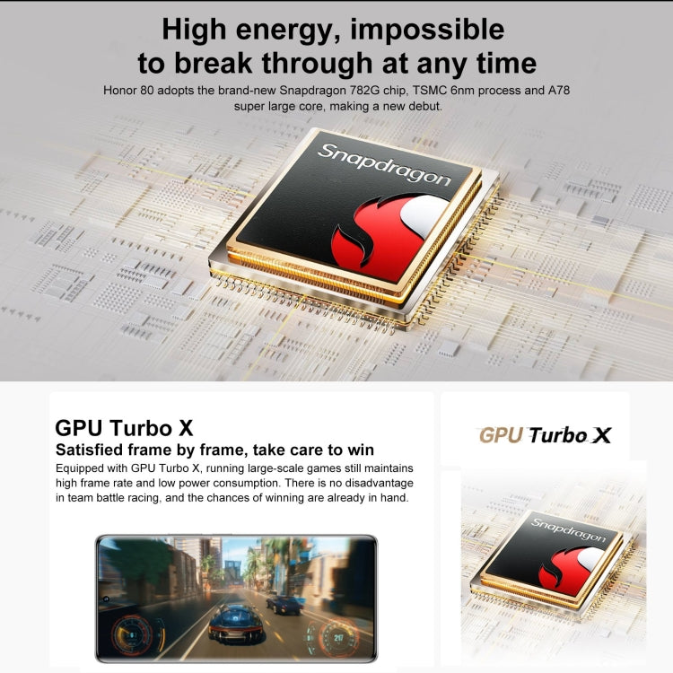 Triple Back Cameras, Screen Fingerprint Identification, 6.67 inch Magic UI 7.0 Qualcomm Snapdragon 782G Octa Core up to  2.7GHz, Network: 5G, OTG, NFC, Not Support Google Play, Honor 80 5G, 12GB+256GB