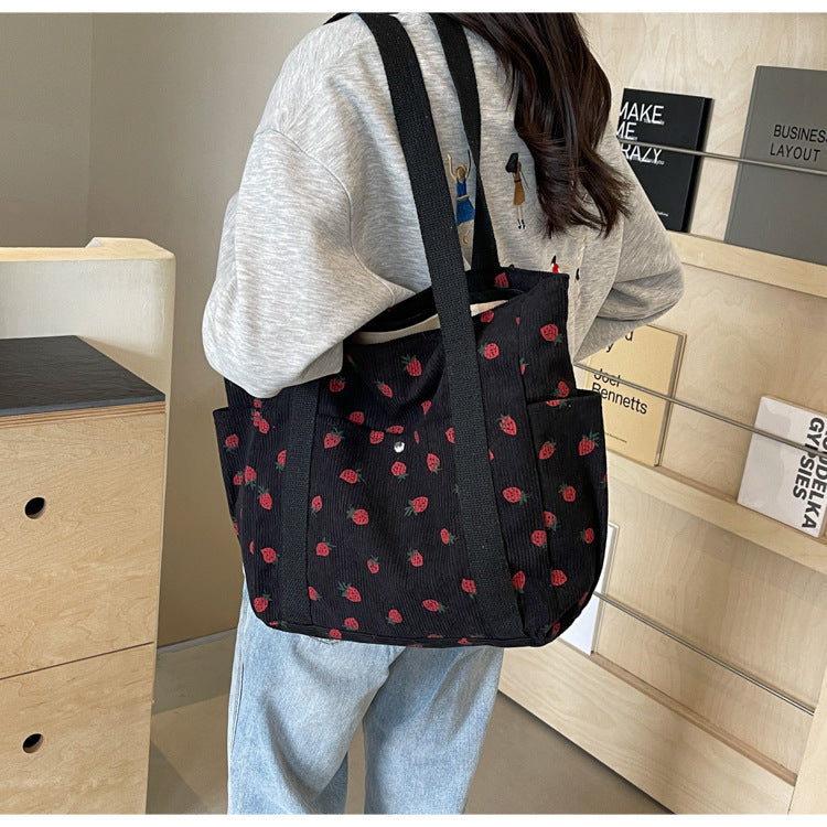 Strawberries Corduroy Handbag Sweet Women's Bag Fashionable Versatile Shoulder Bag Beautiful Simple Commuter Women's Tote Bags