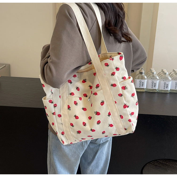 Strawberries Corduroy Handbag Sweet Women's Bag Fashionable Versatile Shoulder Bag Beautiful Simple Commuter Women's Tote Bags