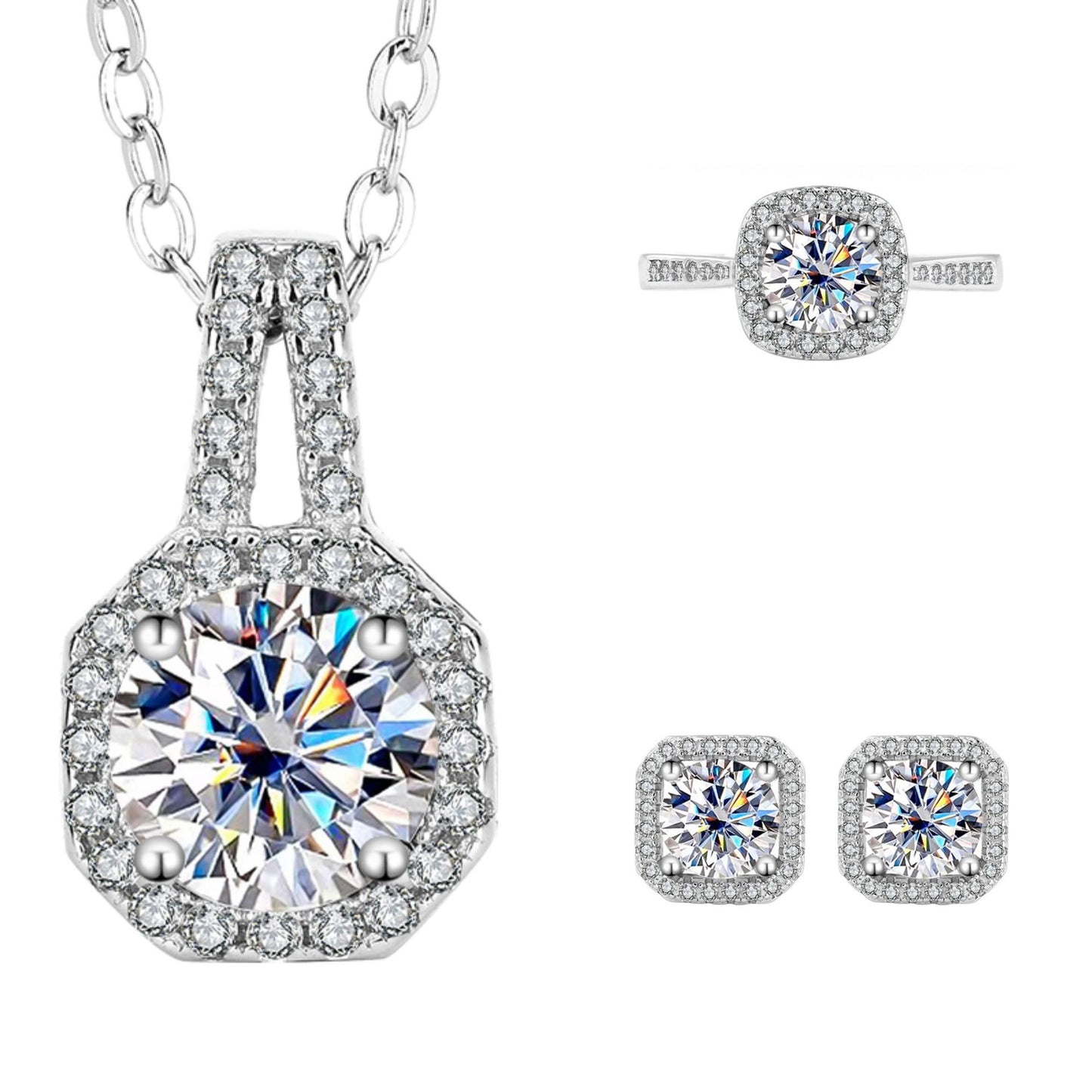 S925 Sterling Silver Female Ring Necklace Ear Stud