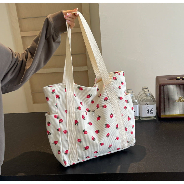 Strawberries Corduroy Handbag Sweet Women's Bag Fashionable Versatile Shoulder Bag Beautiful Simple Commuter Women's Tote Bags