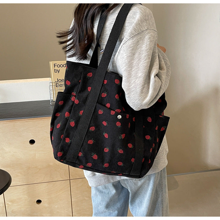 Strawberries Corduroy Handbag Sweet Women's Bag Fashionable Versatile Shoulder Bag Beautiful Simple Commuter Women's Tote Bags