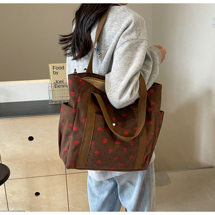 Strawberries Corduroy Handbag Sweet Women's Bag Fashionable Versatile Shoulder Bag Beautiful Simple Commuter Women's Tote Bags