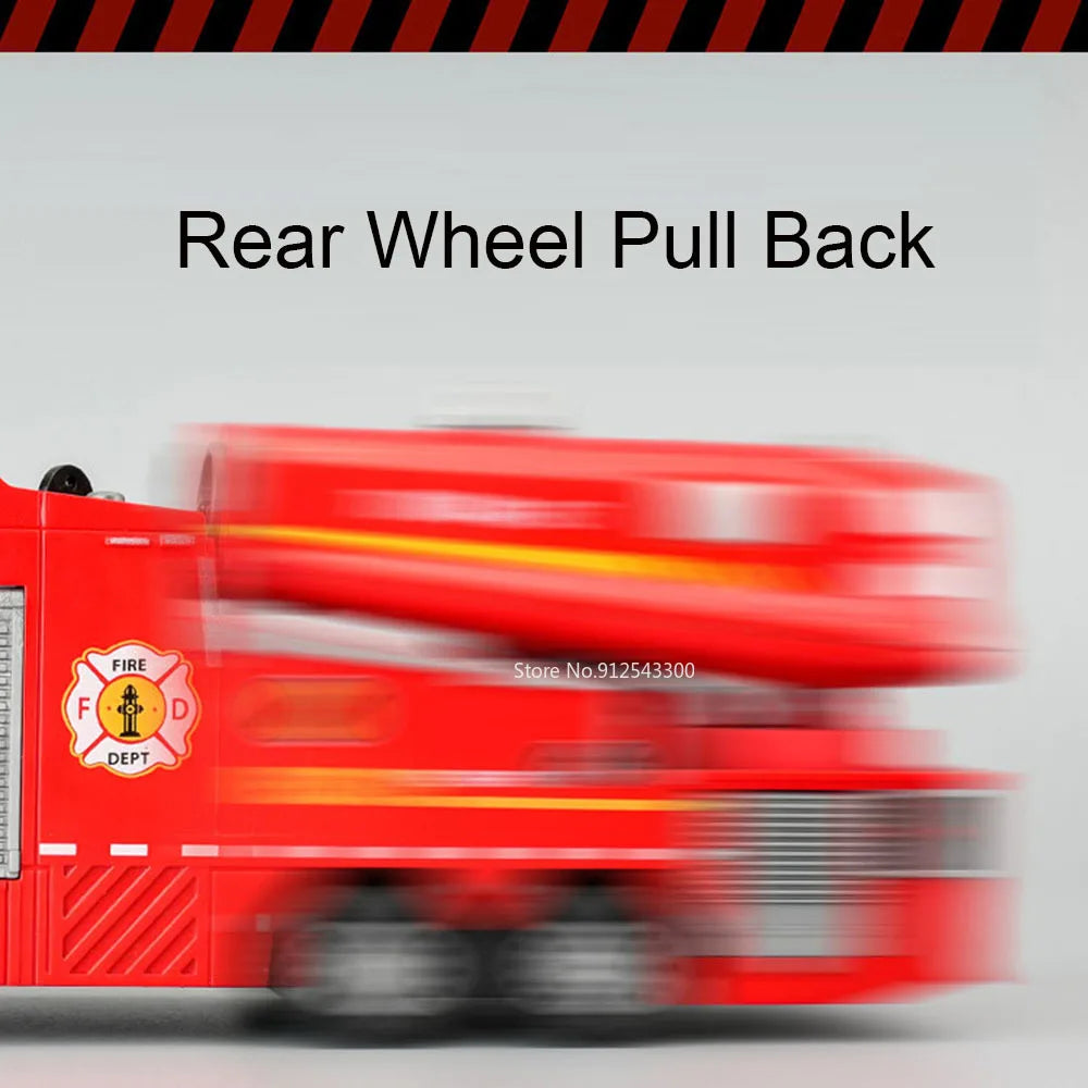 1:32 Scale Water Spray Fire Truck Model Ladder Trucks Toy Car Sound Light Pull Back Doors Opened Vehicle Collection Boys Gift