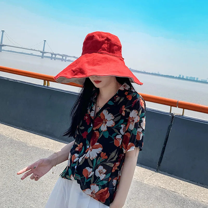 Wide Brim UPF 50+ Sun Hat Women Anti-UV Protection Hiking Fisherman Cap Fold Summer Solid Beach Hat 2024 Double sided Sun hat