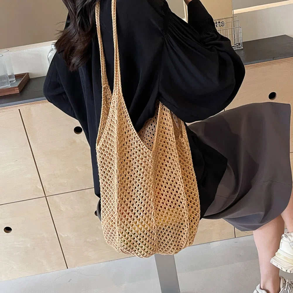 Fashion Women's Hollow Woven Shoulder Bags Large Capacity Knitting Underarm Bag Solid Crochet Tote Handbag Summer Mesh Beach Bag
