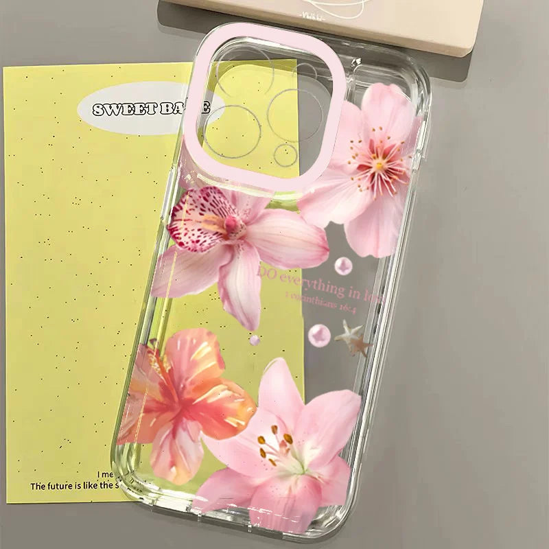 Pink Lily Flower Pattern Phone Case For iPhone 16 16e 15 14 13 12 11 Pro Max X XR XSMax 7 8 Plus SE2 Transparent Soft TPU Cover