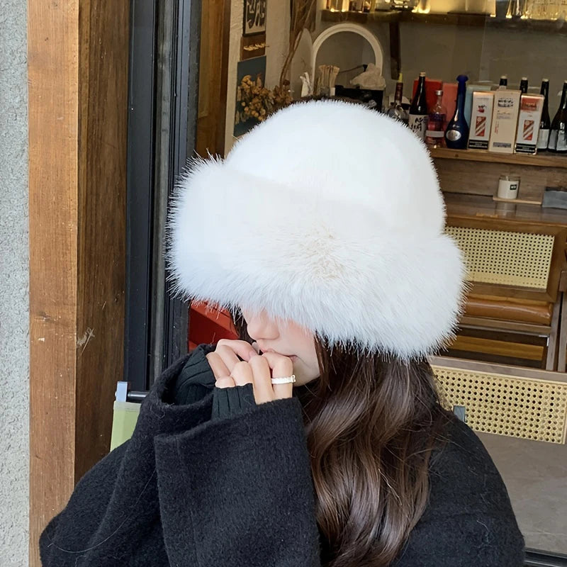 Winter Thick Warm Furry Beanies Hat Women Fashion Imitation Mink Fur Russian Cap Solid Color Plush Brimless Cap Brimless Ski Hat