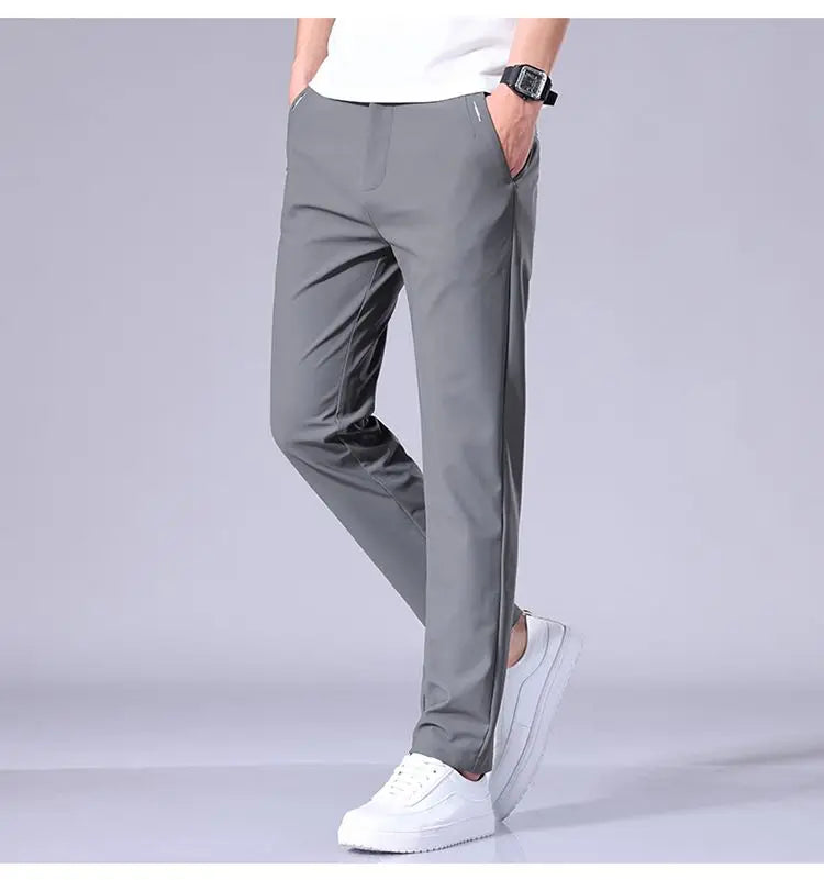 Ultra-thin Elastic Men's Casual Trousers Summer Quick-drying Ice Silk Slim Straight Business Solid Color Trousers Black Gray
