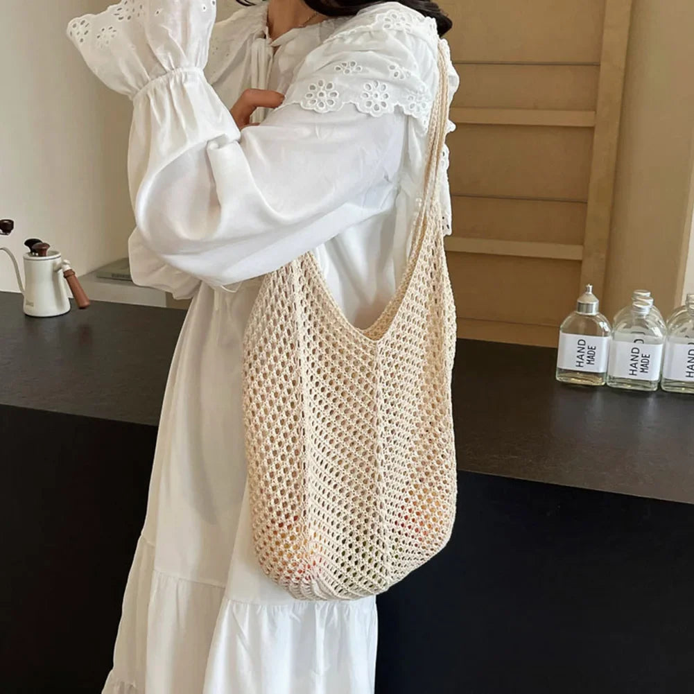 Fashion Women's Hollow Woven Shoulder Bags Large Capacity Knitting Underarm Bag Solid Crochet Tote Handbag Summer Mesh Beach Bag