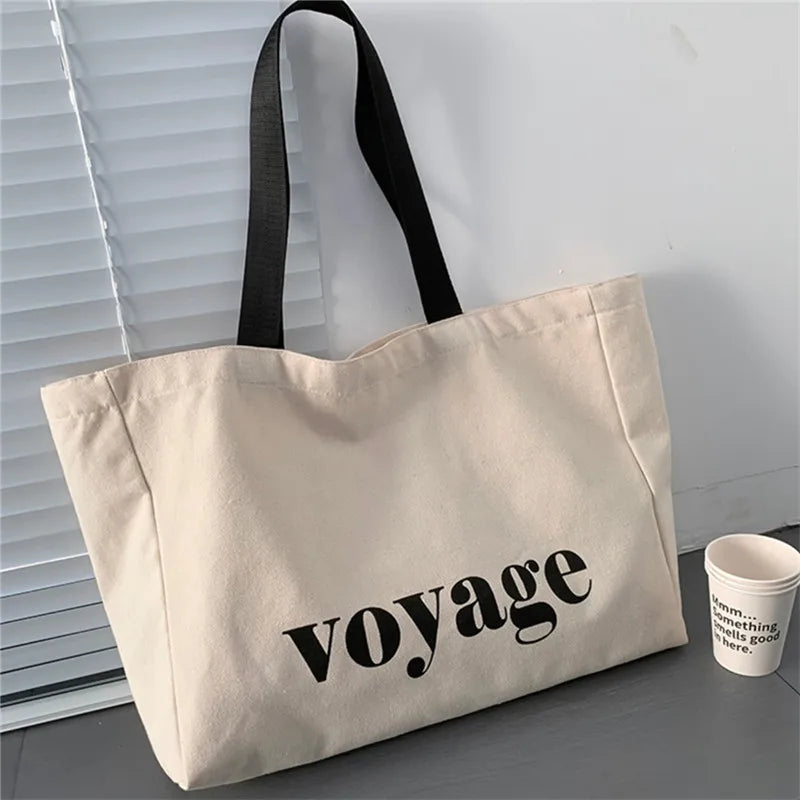 Letter Voyage Canvas Handbag Shoulder Bag Bags For Women Large Capacity Travel Shopping Tote Bag, Student School Bags