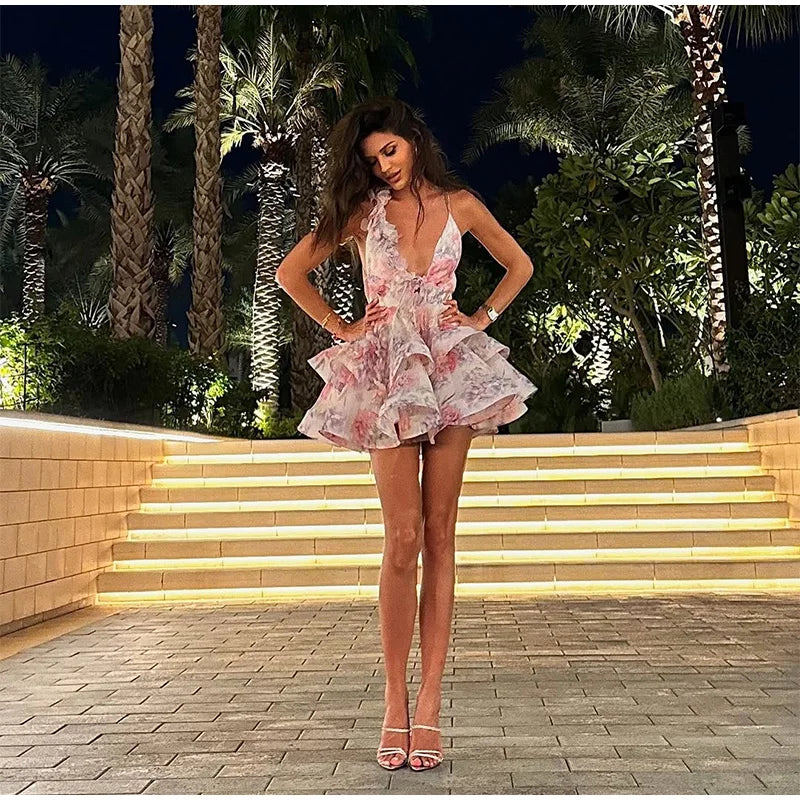 Backless Party Dress Women Elegant 3D Flower Print Sling Lace Up Ruffle A-line Mini Evening Dresses Female 2025 Summer Swimwears