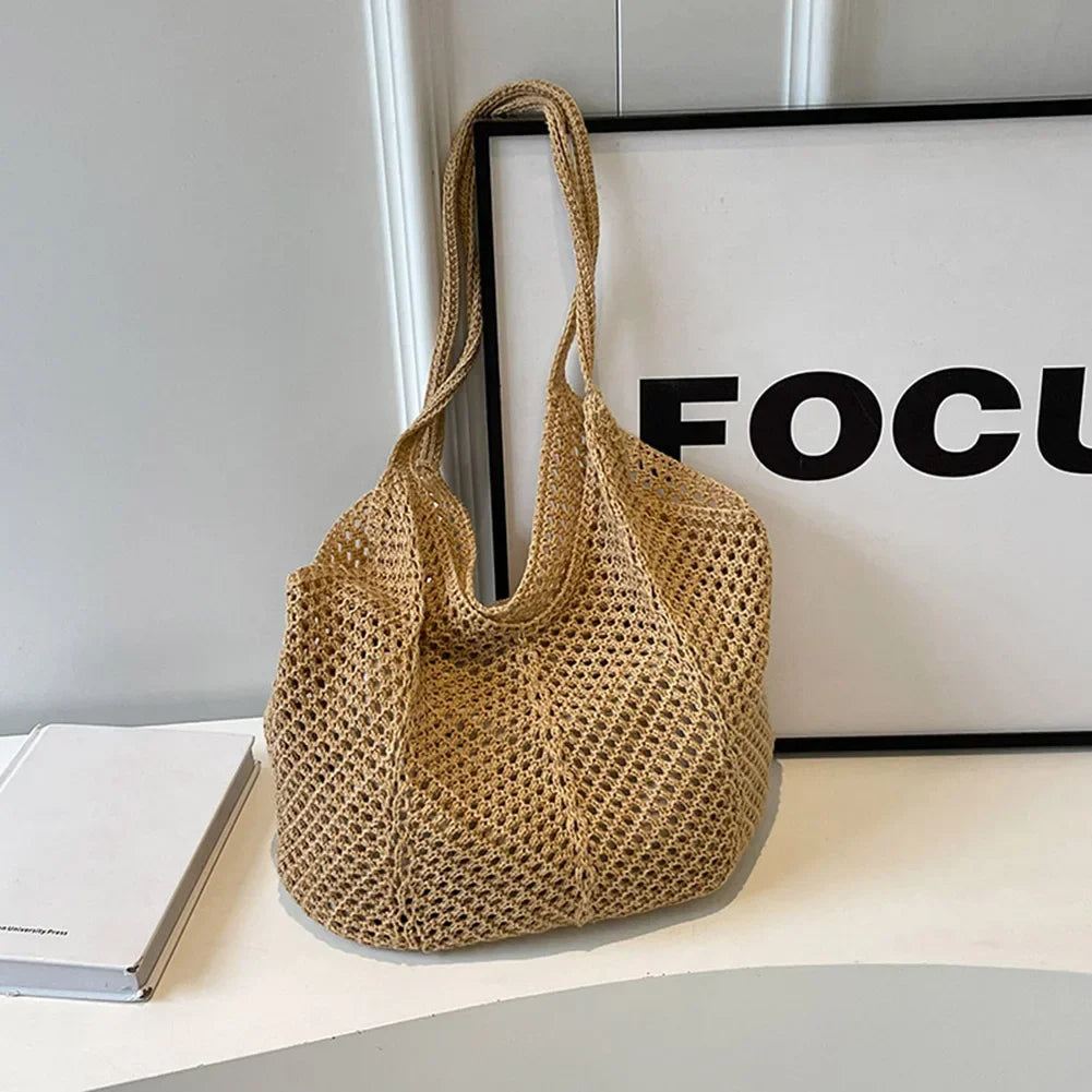 Fashion Women's Hollow Woven Shoulder Bags Large Capacity Knitting Underarm Bag Solid Crochet Tote Handbag Summer Mesh Beach Bag