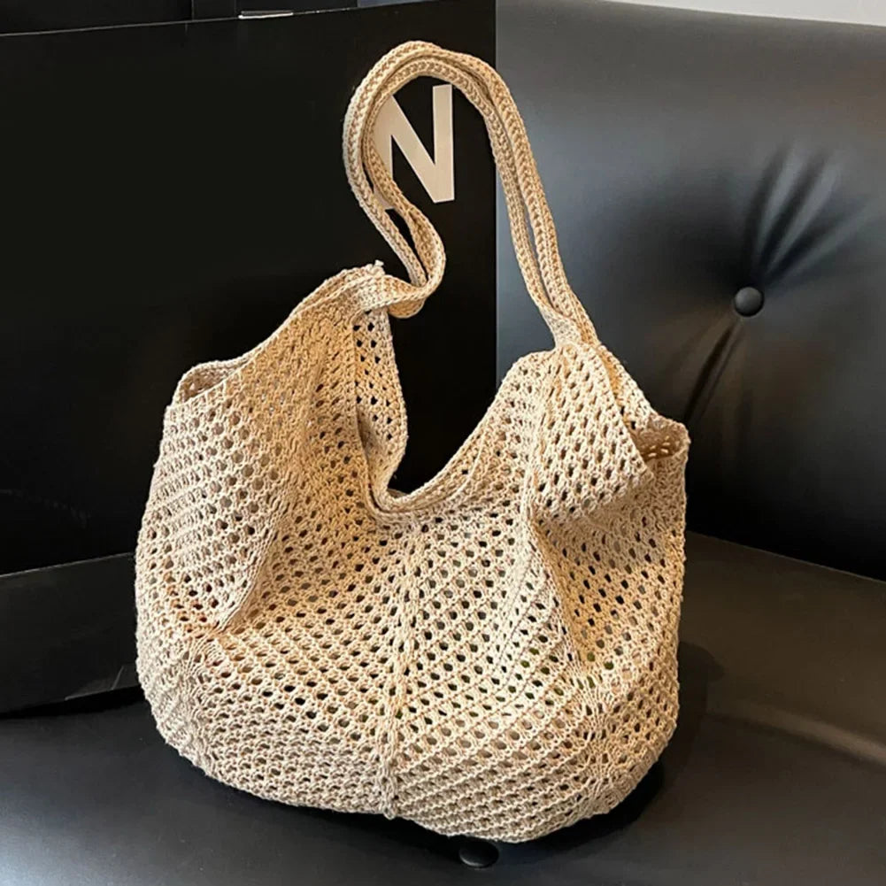 Fashion Women's Hollow Woven Shoulder Bags Large Capacity Knitting Underarm Bag Solid Crochet Tote Handbag Summer Mesh Beach Bag
