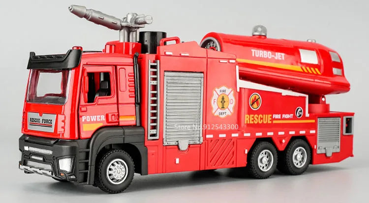 1:32 Scale Water Spray Fire Truck Model Ladder Trucks Toy Car Sound Light Pull Back Doors Opened Vehicle Collection Boys Gift