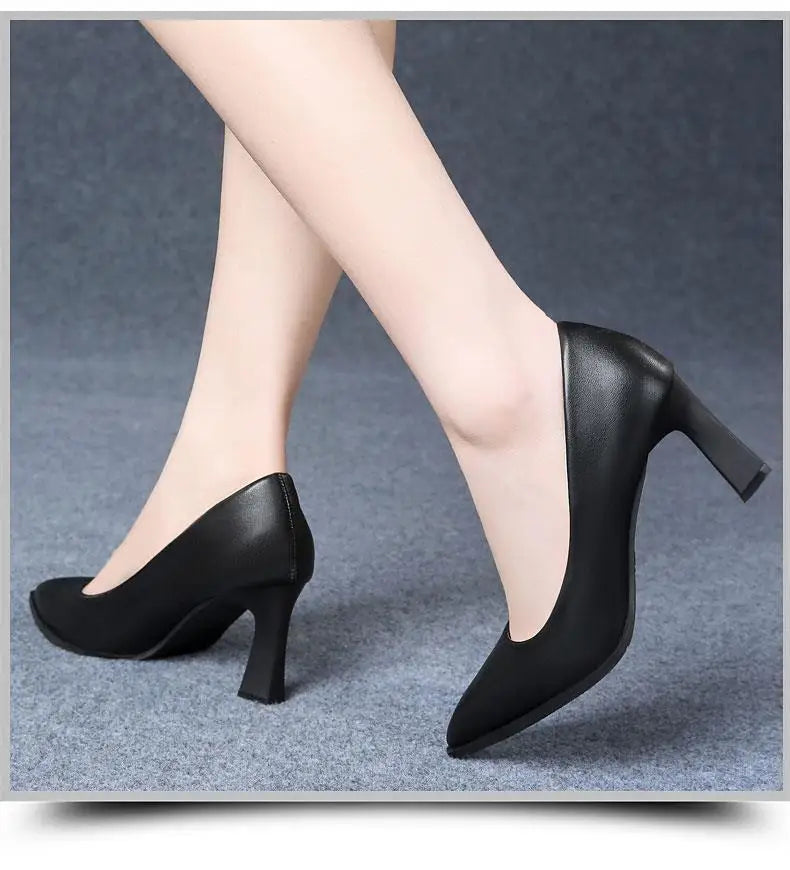 Soft PU Non-slip Single Shoe Work Shoes Women's Pumps Black Professional Interview High Heels Mid Heeled Work Leather Shoes