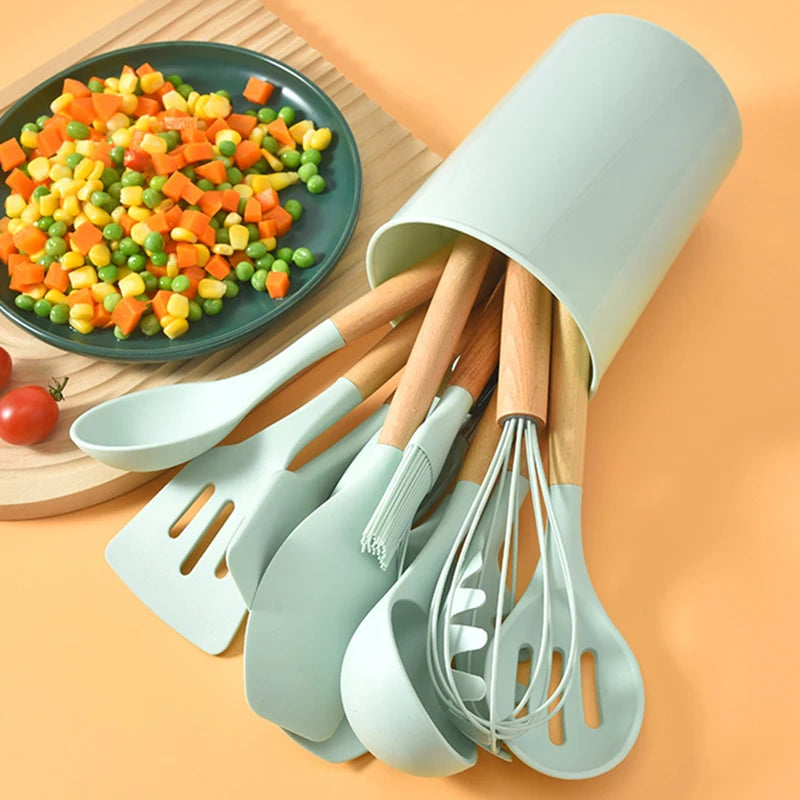 12Pcs Silicone Kitchen Cooking Utensils Temperature Resistant Spoon Spatula Wooden Handle Kitchenware Set With Storage Bucket