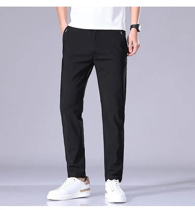 Ultra-thin Elastic Men's Casual Trousers Summer Quick-drying Ice Silk Slim Straight Business Solid Color Trousers Black Gray