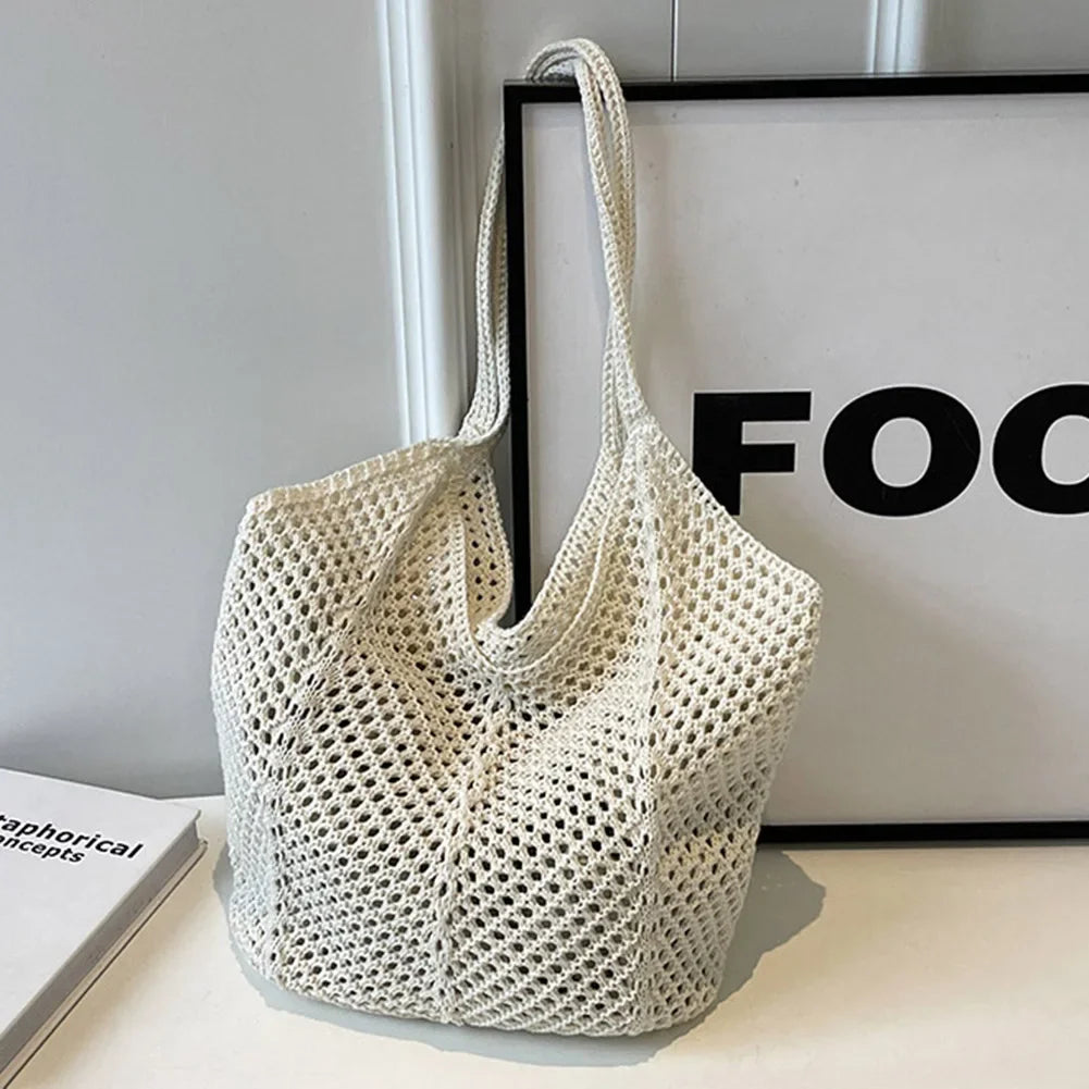 Fashion Women's Hollow Woven Shoulder Bags Large Capacity Knitting Underarm Bag Solid Crochet Tote Handbag Summer Mesh Beach Bag