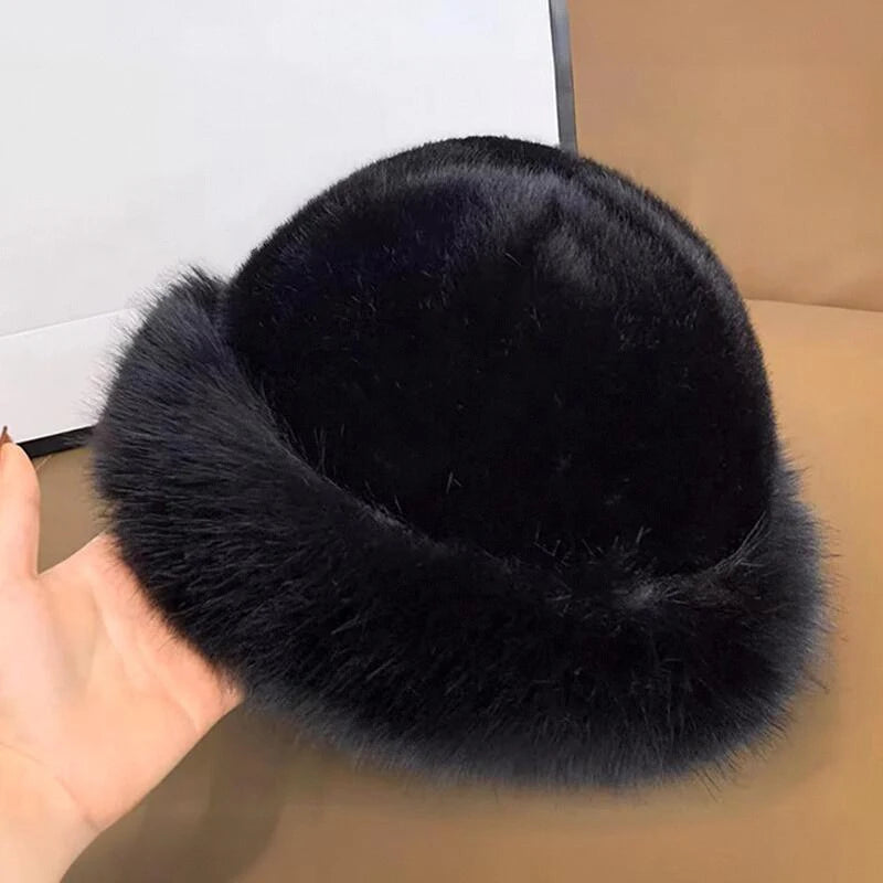 Winter Thick Warm Furry Beanies Hat Women Fashion Imitation Mink Fur Russian Cap Solid Color Plush Brimless Cap Brimless Ski Hat