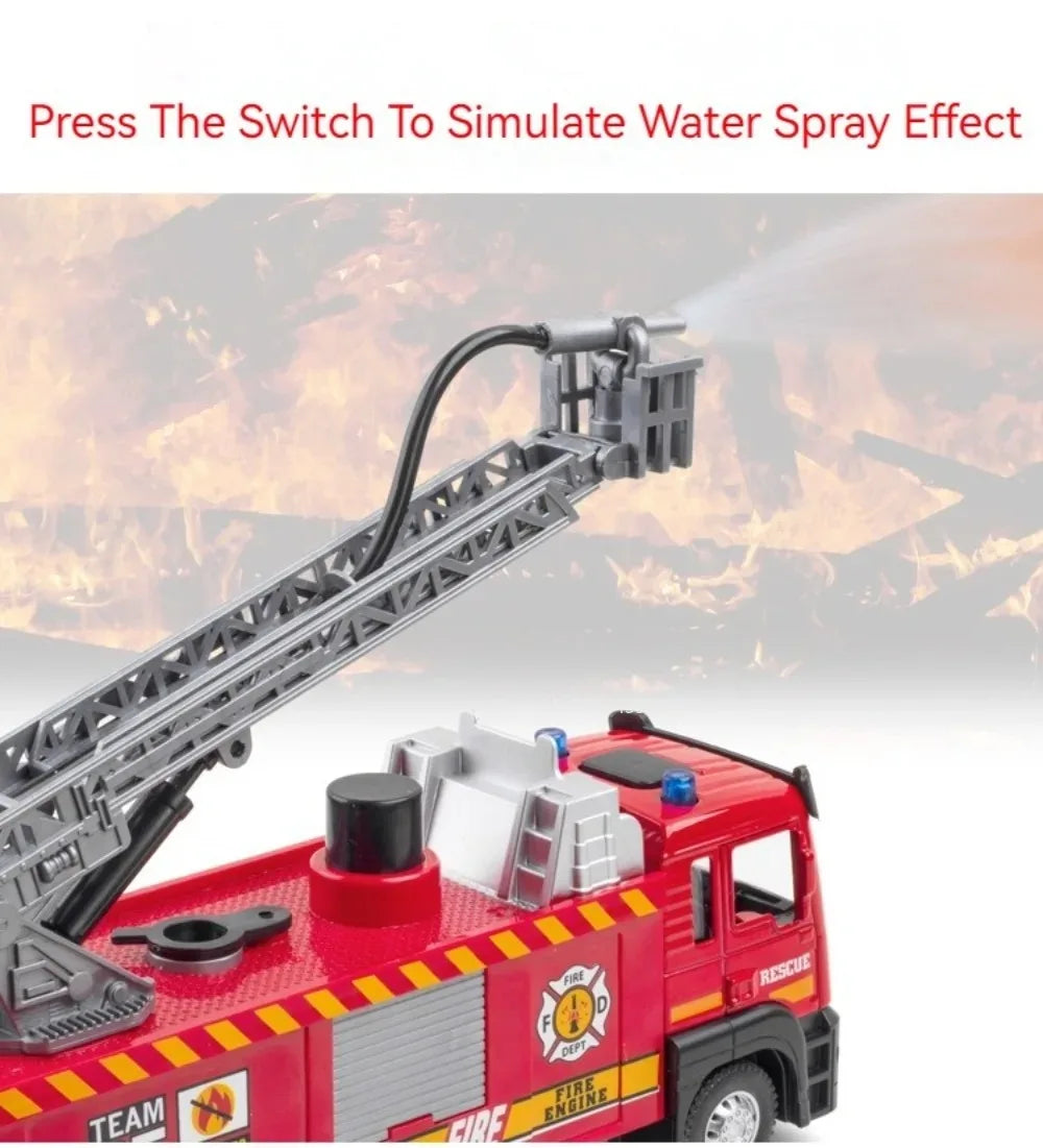 1:32 Scale Water Spray Fire Truck Model Ladder Trucks Toy Car Sound Light Pull Back Doors Opened Vehicle Collection Boys Gift
