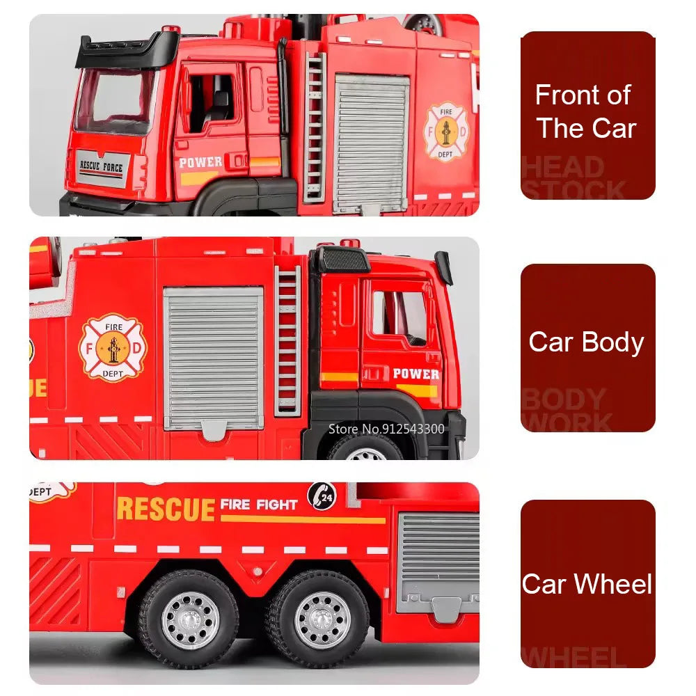 1:32 Scale Water Spray Fire Truck Model Ladder Trucks Toy Car Sound Light Pull Back Doors Opened Vehicle Collection Boys Gift