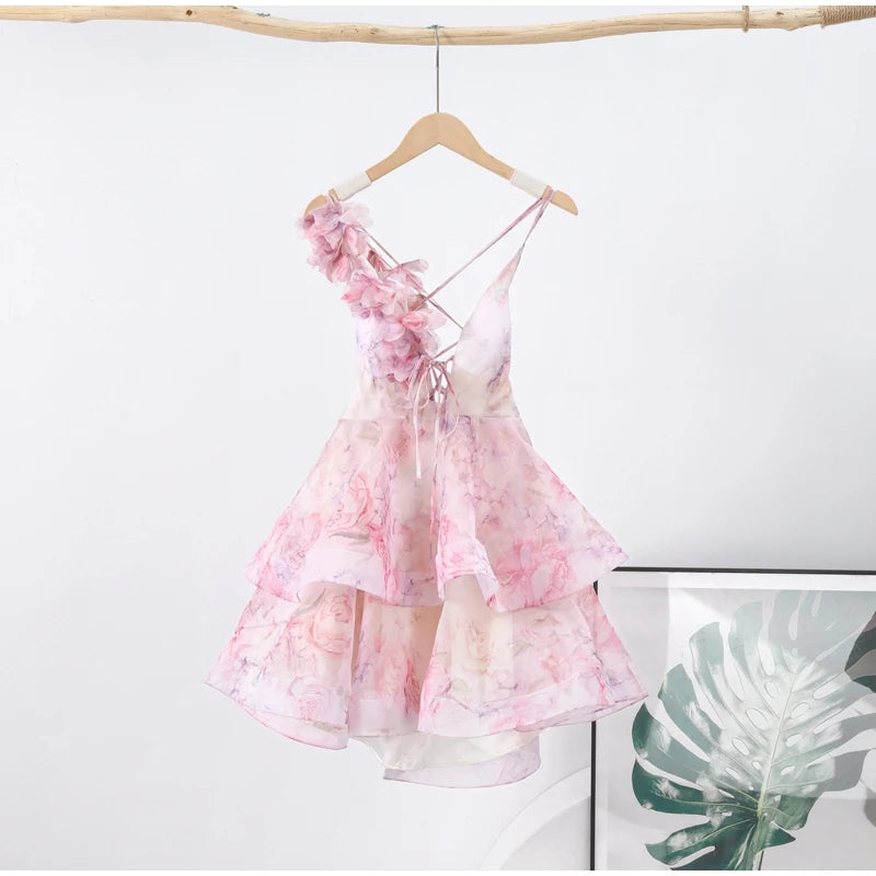 Backless Party Dress Women Elegant 3D Flower Print Sling Lace Up Ruffle A-line Mini Evening Dresses Female 2025 Summer Swimwears