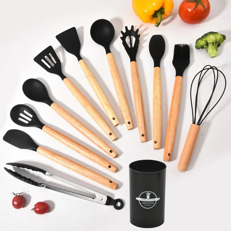 High Temperature Resistant Silicone Kitchenware with Wooden Handle12Set of Cooking Ladel Cream Scraper Tongs Egg Beater
