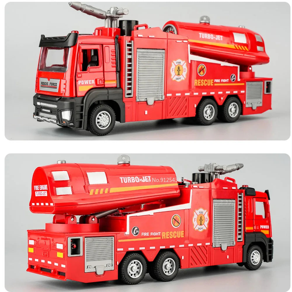 1:32 Scale Water Spray Fire Truck Model Ladder Trucks Toy Car Sound Light Pull Back Doors Opened Vehicle Collection Boys Gift