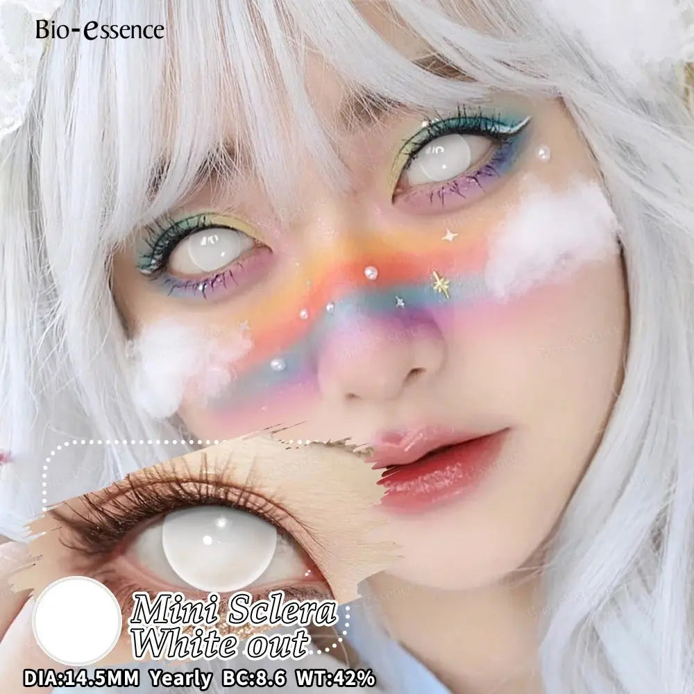 Bio-essence 2Pcs Cosplay Colored Contact Lenses Crazy White Contact Lenses Anime Black Eye Lenses Halloween Beauty Makeup Lens