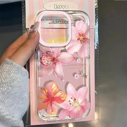 Pink Lily Flower Pattern Phone Case For iPhone 16 16e 15 14 13 12 11 Pro Max X XR XSMax 7 8 Plus SE2 Transparent Soft TPU Cover
