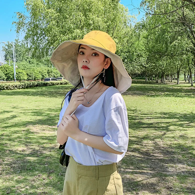 Wide Brim UPF 50+ Sun Hat Women Anti-UV Protection Hiking Fisherman Cap Fold Summer Solid Beach Hat 2024 Double sided Sun hat