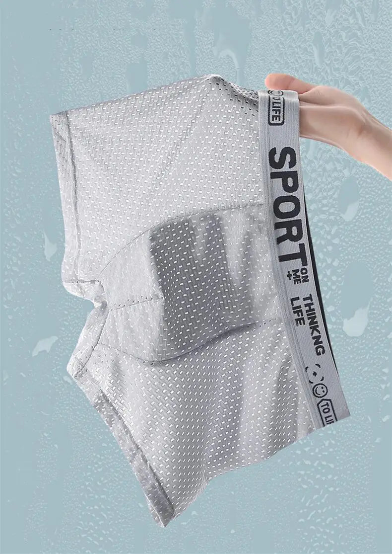 Breathable Mesh Youth Boxer Shorts Letter Print Belt Mens Underwear UltraThin Quick Drying Underpants Seamless Male Boxer Briefs
