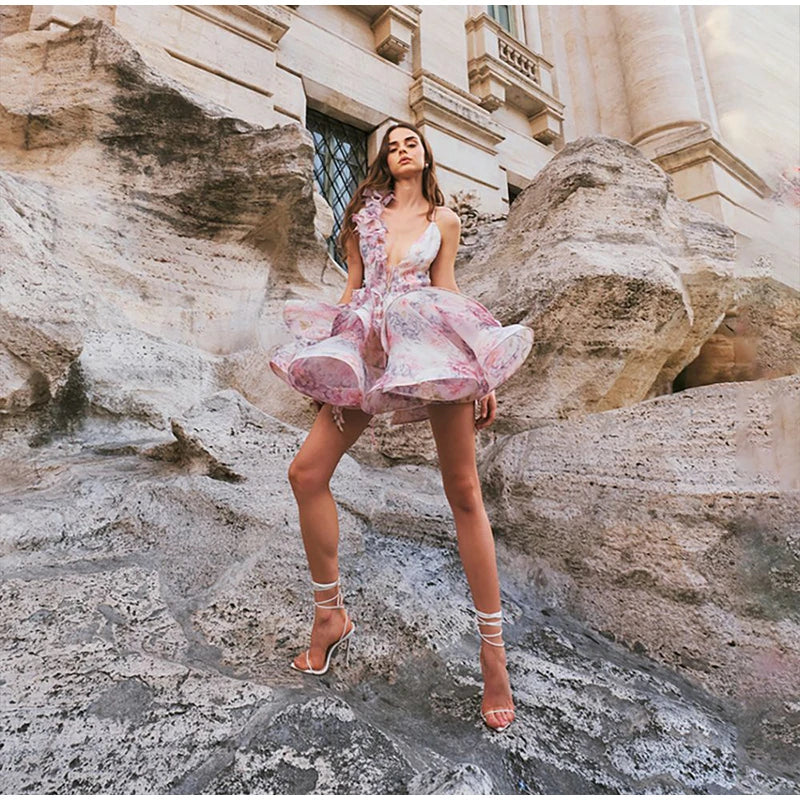 Backless Party Dress Women Elegant 3D Flower Print Sling Lace Up Ruffle A-line Mini Evening Dresses Female 2025 Summer Swimwears