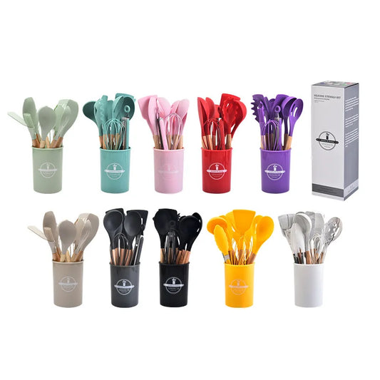 12Pcs Silicone Kitchen Cooking Utensils Temperature Resistant Spoon Spatula Wooden Handle Kitchenware Set With Storage Bucket