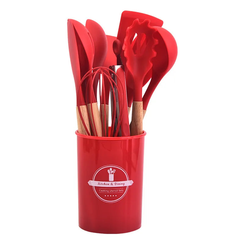 High Temperature Resistant Silicone Kitchenware with Wooden Handle12Set of Cooking Ladel Cream Scraper Tongs Egg Beater