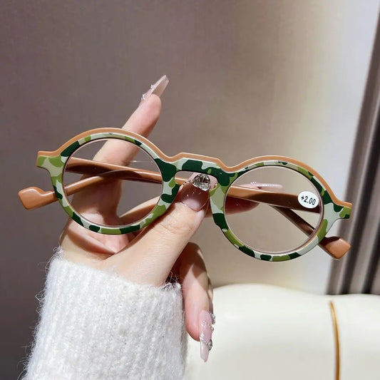 Shata Chinese Style Camouflage Military Green Reading Glasses Men Women Artistic Retro Round Frame Spring Leg Prescription Glass